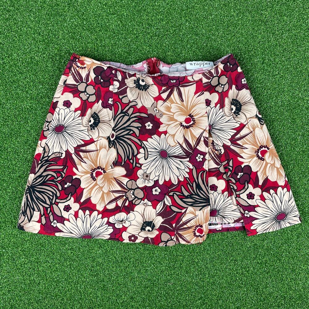 American Vintage Wrapper Tan Red Floral Boho Linen Wrap Skort Sz 25